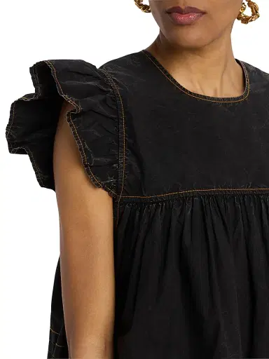 Ganni Women's Denim Flutter-Sleeve Babydoll Top - Black | Thumbnail 5 Ganni Women's Denim Flutter-Sleeve Babydoll Top - Black | Thumbnail 5