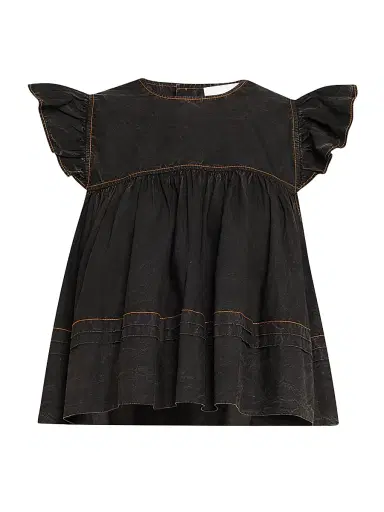 Ganni Women's Denim Flutter-Sleeve Babydoll Top - Black | Thumbnail 1 Ganni Women's Denim Flutter-Sleeve Babydoll Top - Black | Thumbnail 1