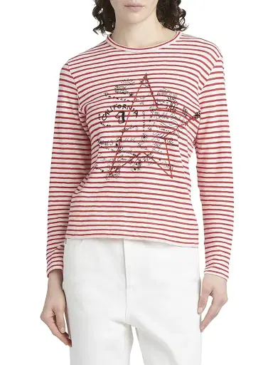 Golden Goose Women's Golden Striped Embroidered Long-Sleeve T-Shirt - White Red | Thumbnail 3 Golden Goose Women's Golden Striped Embroidered Long-Sleeve T-Shirt - White Red | Thumbnail 3