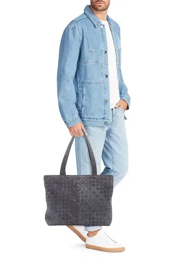 Bottega Veneta Men's Small Intrecciato Suede Zip Tote Bag - Cloudy | Thumbnail 2 Bottega Veneta Men's Small Intrecciato Suede Zip Tote Bag - Cloudy | Thumbnail 2