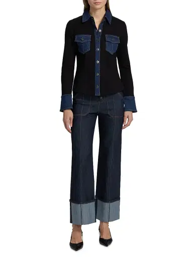 Cinq à Sept Women's Aliza Denim-Trimmed Button-Front Top - Black Fontaine | Thumbnail 2 Cinq à Sept Women's Aliza Denim-Trimmed Button-Front Top - Black Fontaine | Thumbnail 2