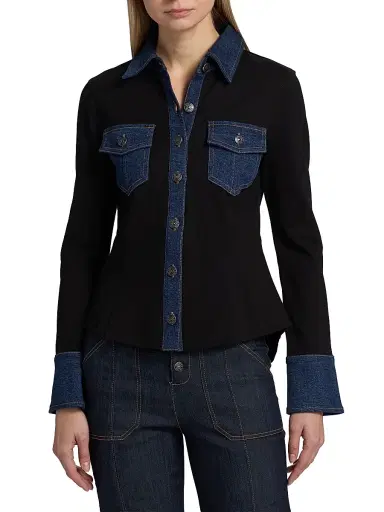 Cinq à Sept Women's Aliza Denim-Trimmed Button-Front Top - Black Fontaine | Thumbnail 3 Cinq à Sept Women's Aliza Denim-Trimmed Button-Front Top - Black Fontaine | Thumbnail 3