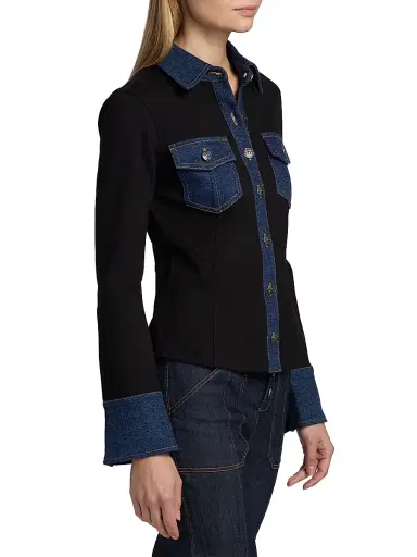 Cinq à Sept Women's Aliza Denim-Trimmed Button-Front Top - Black Fontaine | Thumbnail 4 Cinq à Sept Women's Aliza Denim-Trimmed Button-Front Top - Black Fontaine | Thumbnail 4