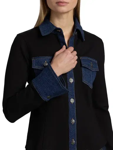 Cinq à Sept Women's Aliza Denim-Trimmed Button-Front Top - Black Fontaine | Thumbnail 6 Cinq à Sept Women's Aliza Denim-Trimmed Button-Front Top - Black Fontaine | Thumbnail 6