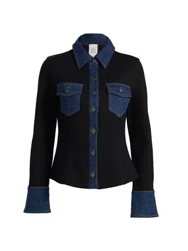 Cinq à Sept Women's Aliza Denim-Trimmed Button-Front Top - Black Fontaine | Thumbnail 1 Cinq à Sept Women's Aliza Denim-Trimmed Button-Front Top - Black Fontaine | Thumbnail 1