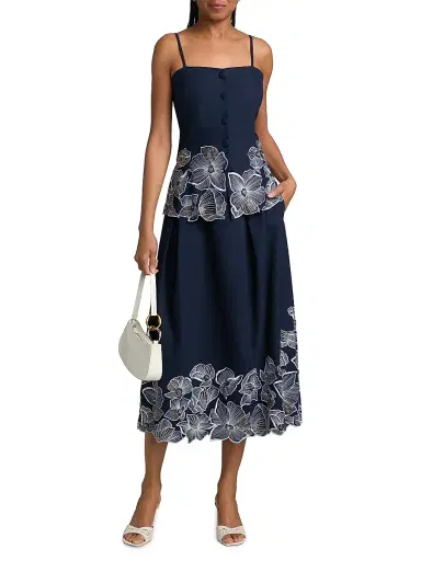 Toccin Women's Stacy Floral-Embroidered Cotton Midi-Skirt - Deep Indigo | Thumbnail 2 Toccin Women's Stacy Floral-Embroidered Cotton Midi-Skirt - Deep Indigo | Thumbnail 2