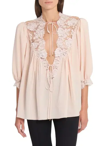 Chloé Women's Lace-Detailed Tie Blouse - Delicate Pink | Thumbnail 3 Chloé Women's Lace-Detailed Tie Blouse - Delicate Pink | Thumbnail 3