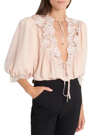 Chloé Women's Lace-Detailed Tie Blouse - Delicate Pink | Thumbnail 6 Chloé Women's Lace-Detailed Tie Blouse - Delicate Pink | Thumbnail 6