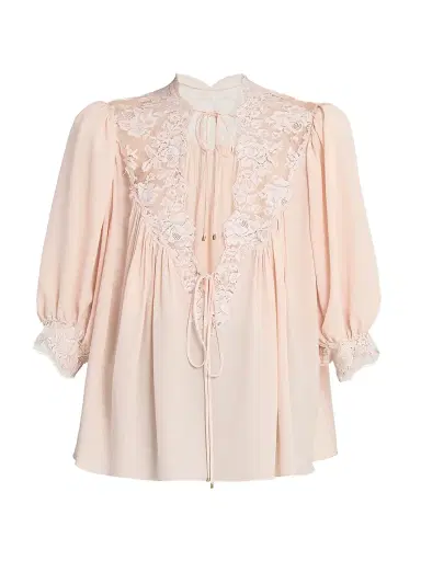 Chloé Women's Lace-Detailed Tie Blouse - Delicate Pink | Thumbnail 1 Chloé Women's Lace-Detailed Tie Blouse - Delicate Pink | Thumbnail 1