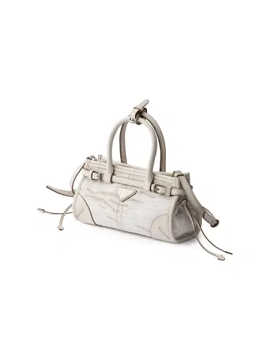 Prada Women's Bonnie Printed Linen and Leather Top Handle Bag - White | Thumbnail 2 Prada Women's Bonnie Printed Linen and Leather Top Handle Bag - White | Thumbnail 2