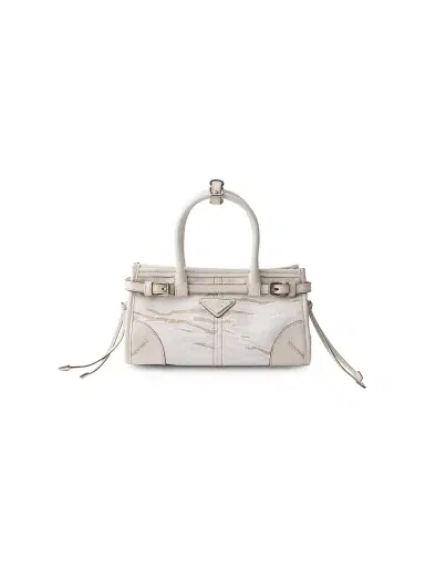 Prada Women's Bonnie Printed Linen and Leather Top Handle Bag - White | Thumbnail 1 Prada Women's Bonnie Printed Linen and Leather Top Handle Bag - White | Thumbnail 1