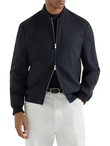 Brunello Cucinelli Men's Lightweight Cashmere Flannel Bomber Jacket - Navy Blue | Thumbnail 2 Brunello Cucinelli Men's Lightweight Cashmere Flannel Bomber Jacket - Navy Blue | Thumbnail 2
