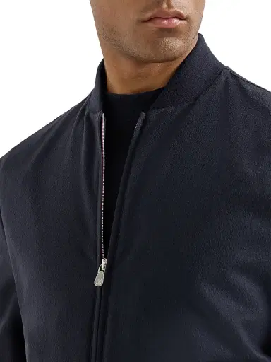 Brunello Cucinelli Men's Lightweight Cashmere Flannel Bomber Jacket - Navy Blue | Thumbnail 4 Brunello Cucinelli Men's Lightweight Cashmere Flannel Bomber Jacket - Navy Blue | Thumbnail 4