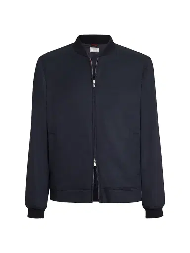 Brunello Cucinelli Men's Lightweight Cashmere Flannel Bomber Jacket - Navy Blue | Thumbnail 1 Brunello Cucinelli Men's Lightweight Cashmere Flannel Bomber Jacket - Navy Blue | Thumbnail 1