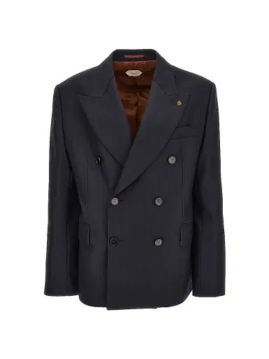 Versace Men's Pinstriped Double-Breasted Virgin Wool Jacket - Dark Navy Black | Thumbnail 1 Versace Men's Pinstriped Double-Breasted Virgin Wool Jacket - Dark Navy Black | Thumbnail 1
