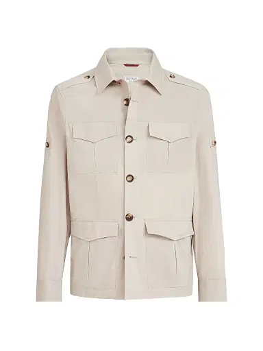 Brunello Cucinelli Men's Lightweight Water Resistant Techno Cotton Unlined Safari Jacket - Panama | Thumbnail 1 Brunello Cucinelli Men's Lightweight Water Resistant Techno Cotton Unlined Safari Jacket - Panama | Thumbnail 1