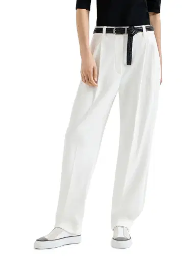 Brunello Cucinelli Women's Techno Cotton Piqué Sartorial Baggy Trousers - White | Thumbnail 2 Brunello Cucinelli Women's Techno Cotton Piqué Sartorial Baggy Trousers - White | Thumbnail 2