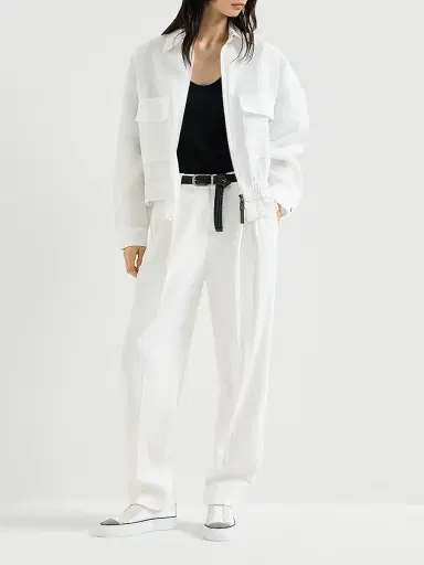 Brunello Cucinelli Women's Techno Cotton Piqué Sartorial Baggy Trousers - White | Thumbnail 6 Brunello Cucinelli Women's Techno Cotton Piqué Sartorial Baggy Trousers - White | Thumbnail 6
