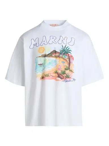 Marni Men's Tropical Logo Crewneck T-Shirt - Lily White | Thumbnail 1 Marni Men's Tropical Logo Crewneck T-Shirt - Lily White | Thumbnail 1