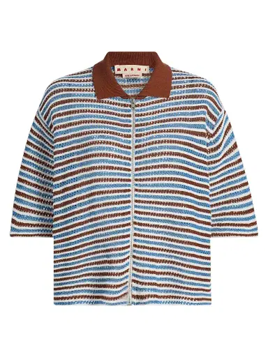 Marni Women's Stripe Crochet Boxy Polo Cardigan - Light Brown - Size 8 | Thumbnail 1 Marni Women's Stripe Crochet Boxy Polo Cardigan - Light Brown - Size 8 | Thumbnail 1