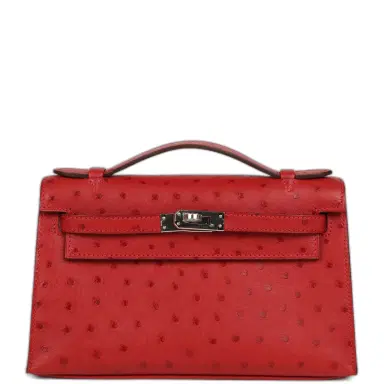 HERMÈS Hermes Kelly Pochette Rouge Vif Ostrich Palladium Hardware | Thumbnail 1 HERMÈS Hermes Kelly Pochette Rouge Vif Ostrich Palladium Hardware | Thumbnail 1
