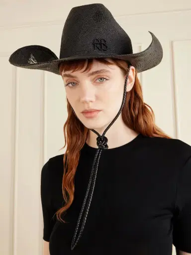 Ruslan Baginskiy Cowboy Distressed Leather-trimmed Embroidered Straw Hat | Thumbnail 2 Ruslan Baginskiy Cowboy Distressed Leather-trimmed Embroidered Straw Hat | Thumbnail 2