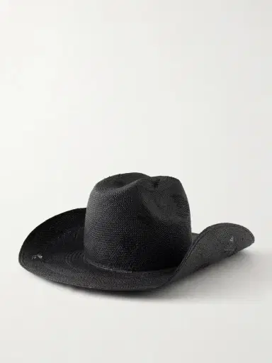 Ruslan Baginskiy Cowboy Distressed Leather-trimmed Embroidered Straw Hat | Thumbnail 3 Ruslan Baginskiy Cowboy Distressed Leather-trimmed Embroidered Straw Hat | Thumbnail 3