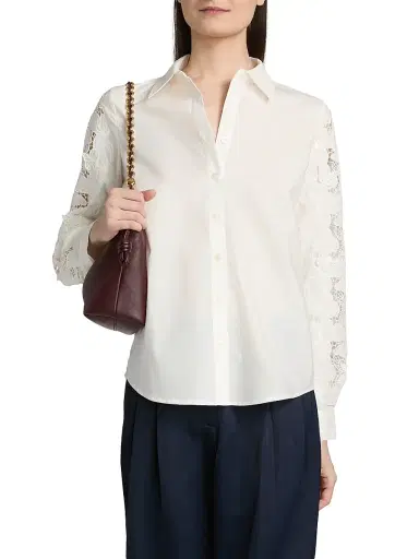 Elie Tahari Women's Dani Lace Sleeve Silk Shirt - Sky White | Thumbnail 3 Elie Tahari Women's Dani Lace Sleeve Silk Shirt - Sky White | Thumbnail 3