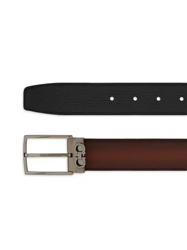 Ferragamo Men's Double Adjustable Leather Belt - New Cognac Nero Brown - Size 36 | Thumbnail 4 Ferragamo Men's Double Adjustable Leather Belt - New Cognac Nero Brown - Size 36 | Thumbnail 4