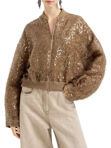 Brunello Cucinelli Women's Dazzling Cascade Embroidery Bomber Jacket in Crispy Silk - Beige | Thumbnail 2 Brunello Cucinelli Women's Dazzling Cascade Embroidery Bomber Jacket in Crispy Silk - Beige | Thumbnail 2