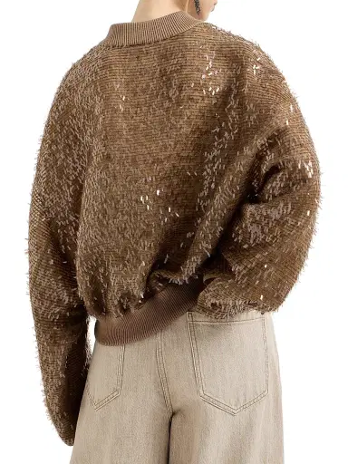 Brunello Cucinelli Women's Dazzling Cascade Embroidery Bomber Jacket in Crispy Silk - Beige | Thumbnail 3 Brunello Cucinelli Women's Dazzling Cascade Embroidery Bomber Jacket in Crispy Silk - Beige | Thumbnail 3