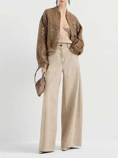 Brunello Cucinelli Women's Dazzling Cascade Embroidery Bomber Jacket in Crispy Silk - Beige | Thumbnail 6 Brunello Cucinelli Women's Dazzling Cascade Embroidery Bomber Jacket in Crispy Silk - Beige | Thumbnail 6