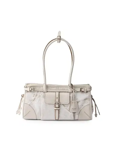 Prada Women's Bonnie Printed Linen and Leather Top Handle Bag - White | Thumbnail 1 Prada Women's Bonnie Printed Linen and Leather Top Handle Bag - White | Thumbnail 1