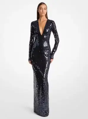 Michael Kors Collection Mirror Embroidered Stretch Tulle V-Neck Gown | Thumbnail 4 Michael Kors Collection Mirror Embroidered Stretch Tulle V-Neck Gown | Thumbnail 4