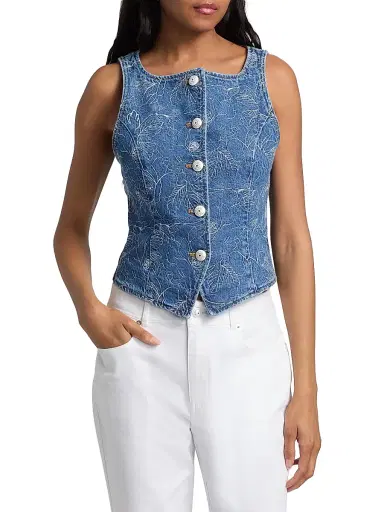 Cinq à Sept Women's Camen Garden Doodle Denim Vest - Salt Breeze White - Size XL | Thumbnail 3 Cinq à Sept Women's Camen Garden Doodle Denim Vest - Salt Breeze White - Size XL | Thumbnail 3