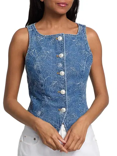 Cinq à Sept Women's Camen Garden Doodle Denim Vest - Salt Breeze White - Size XL | Thumbnail 6 Cinq à Sept Women's Camen Garden Doodle Denim Vest - Salt Breeze White - Size XL | Thumbnail 6