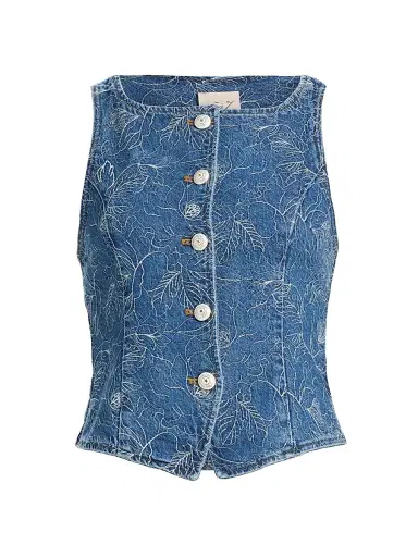 Cinq à Sept Women's Camen Garden Doodle Denim Vest - Salt Breeze White - Size XL | Thumbnail 1 Cinq à Sept Women's Camen Garden Doodle Denim Vest - Salt Breeze White - Size XL | Thumbnail 1