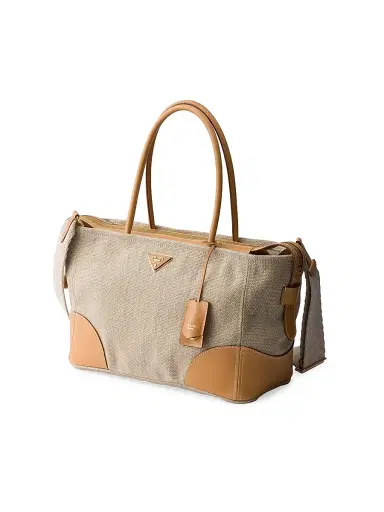 Prada Women's Linen and Leather Tote Bag - Beige Khaki | Thumbnail 2 Prada Women's Linen and Leather Tote Bag - Beige Khaki | Thumbnail 2