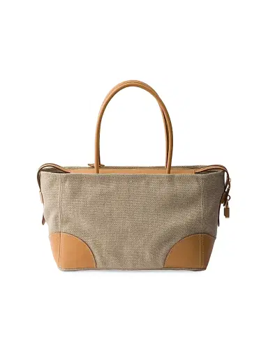 Prada Women's Linen and Leather Tote Bag - Beige Khaki | Thumbnail 3 Prada Women's Linen and Leather Tote Bag - Beige Khaki | Thumbnail 3