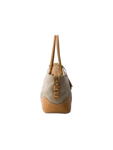 Prada Women's Linen and Leather Tote Bag - Beige Khaki | Thumbnail 4 Prada Women's Linen and Leather Tote Bag - Beige Khaki | Thumbnail 4
