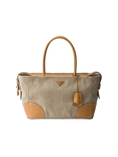 Prada Women's Linen and Leather Tote Bag - Beige Khaki | Thumbnail 1 Prada Women's Linen and Leather Tote Bag - Beige Khaki | Thumbnail 1