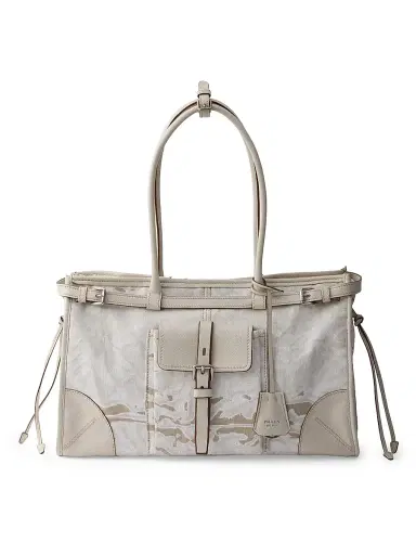 Prada Women's Bonnie Printed Linen and Leather Top Handle Bag - White | Thumbnail 1 Prada Women's Bonnie Printed Linen and Leather Top Handle Bag - White | Thumbnail 1