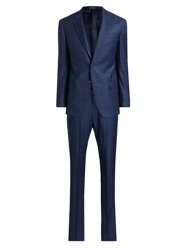 Men's Windowpane Plaid Single-Breasted Wool Suit - High Blue Men's Windowpane Plaid Single-Breasted Wool Suit - High Blue