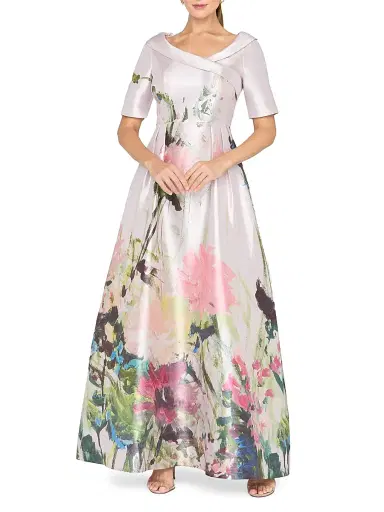 Kay Unger Women's Coco Floral Satin Cocktail Gown - Lilac Mist Multi | Thumbnail 2 Kay Unger Women's Coco Floral Satin Cocktail Gown - Lilac Mist Multi | Thumbnail 2