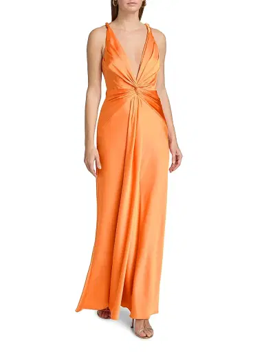 Et Ochs Women's Tatum Satin Draped V-Neck Gown - Tangerine | Thumbnail 3 Et Ochs Women's Tatum Satin Draped V-Neck Gown - Tangerine | Thumbnail 3