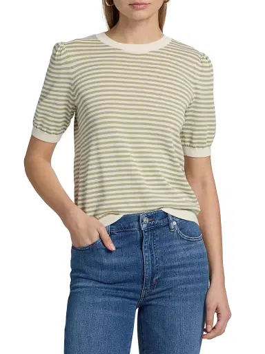 Frame Women's The Striped Gathered Short-Sleeve Sweater - Sage Multi - Size XL | Thumbnail 3 Frame Women's The Striped Gathered Short-Sleeve Sweater - Sage Multi - Size XL | Thumbnail 3