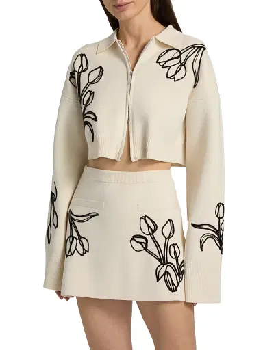 AMUR Women's Rosenna Embroidered Knit Zip-Front Top - Pebble | Thumbnail 3 AMUR Women's Rosenna Embroidered Knit Zip-Front Top - Pebble | Thumbnail 3