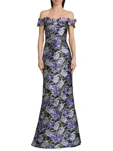 Theia Women's Olyssia Brocade Off-The-Shoulder Gown - Iris Bloom Navy | Thumbnail 3 Theia Women's Olyssia Brocade Off-The-Shoulder Gown - Iris Bloom Navy | Thumbnail 3
