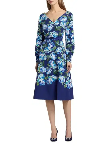 Kay Unger Women's Briony Hydrangea Stretch Crepe Belted Midi-Dress - Deep Navy | Thumbnail 2 Kay Unger Women's Briony Hydrangea Stretch Crepe Belted Midi-Dress - Deep Navy | Thumbnail 2