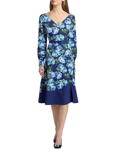 Kay Unger Women's Briony Hydrangea Stretch Crepe Belted Midi-Dress - Deep Navy | Thumbnail 3 Kay Unger Women's Briony Hydrangea Stretch Crepe Belted Midi-Dress - Deep Navy | Thumbnail 3